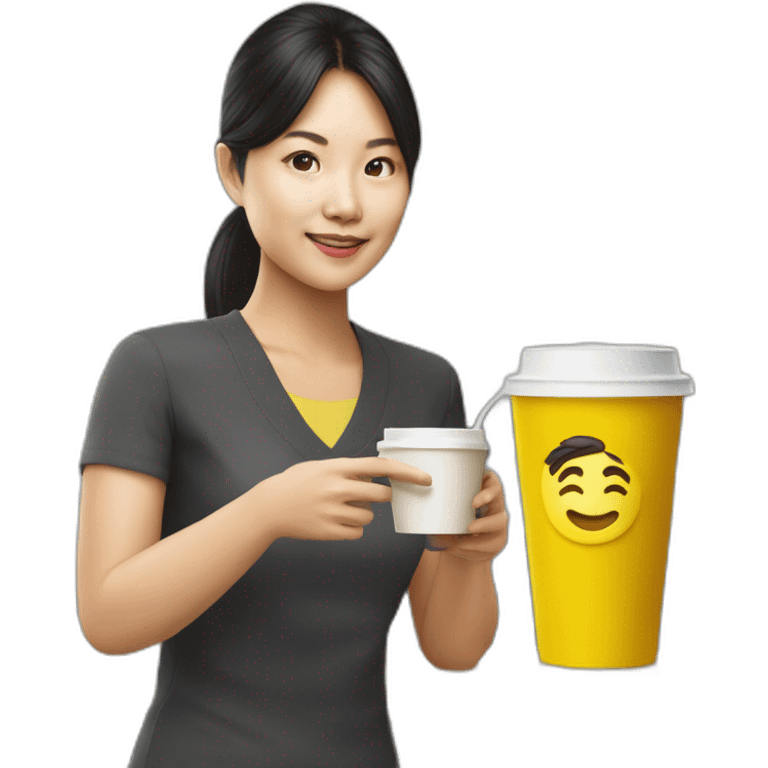 singaporean woman product manager with coffee in a yellow takeaway cup emoji