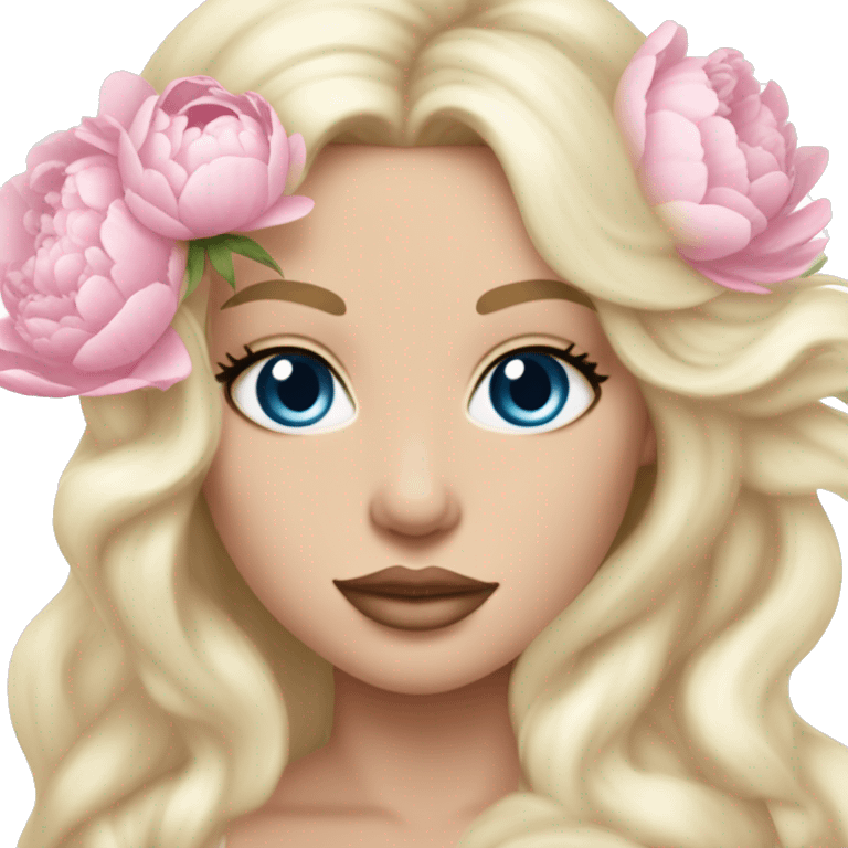 White bride with long light blonde hair and blue eyes with light pink peonies in hair white skin light pink lips emoji