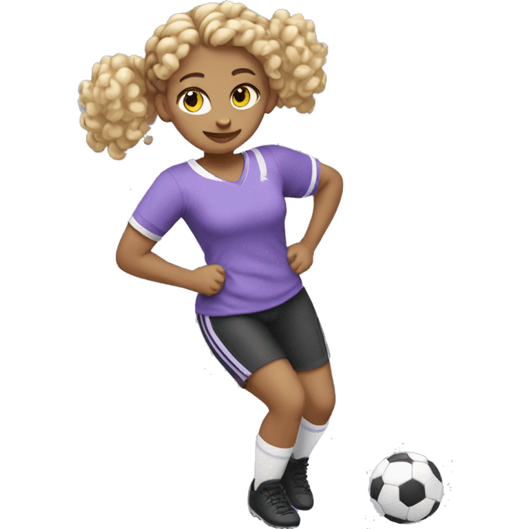 BLONDE GIRL WITH CURLS PLAYING FOOTBALL SMILING WITH BRAIDS WITH LILAC AND BLACK T-SHIRT WITHOUT STRIPES FULL BODY WITH A BALL emoji