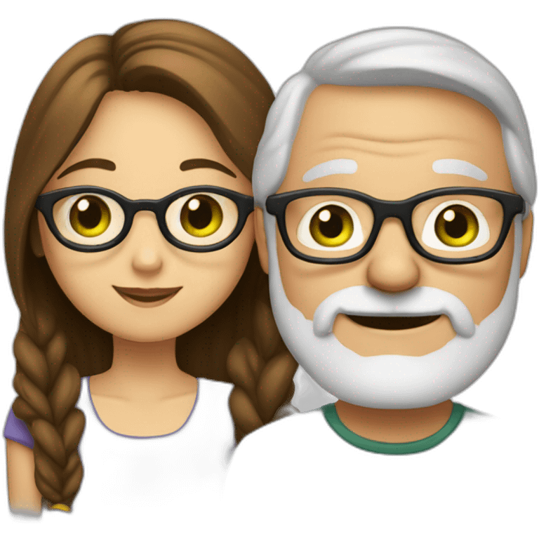 A younger girl with brown hair and green eyes with an older man with beard and glasses in love emoji