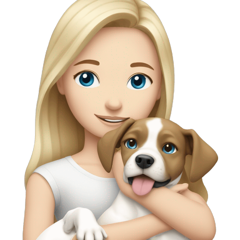 One blonde brown haired girl with blue eyes hugging white pitbull emoji