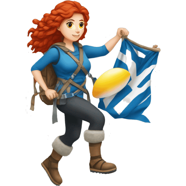 Greek Female winter mountaineer red hair white skin climbing with Greek Flag and Easter eggs basket emoji