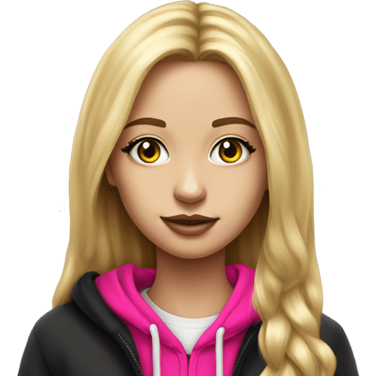 Pretty girl with long eyelashes and blonde long hair girl wearing a black hoodie with hot pink logo on the front drawing hypperrealistic  emoji