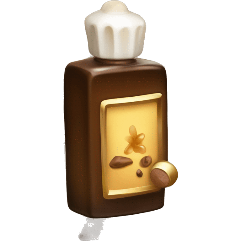 An antique perfume bottle with oil made of bronze and brown crystals, coconut cream and coffee milk flow, chocolate, yellow flowers of fragrant vanilla lie next to it emoji