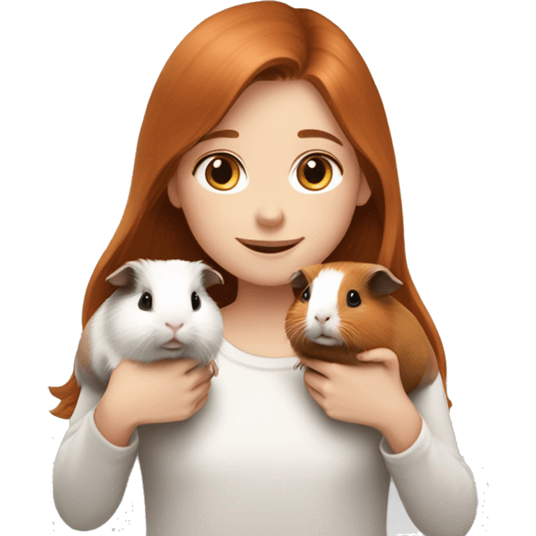 a girl with auburn hair hugs two guinea pigs, one white and light brown in color and the other black and white emoji