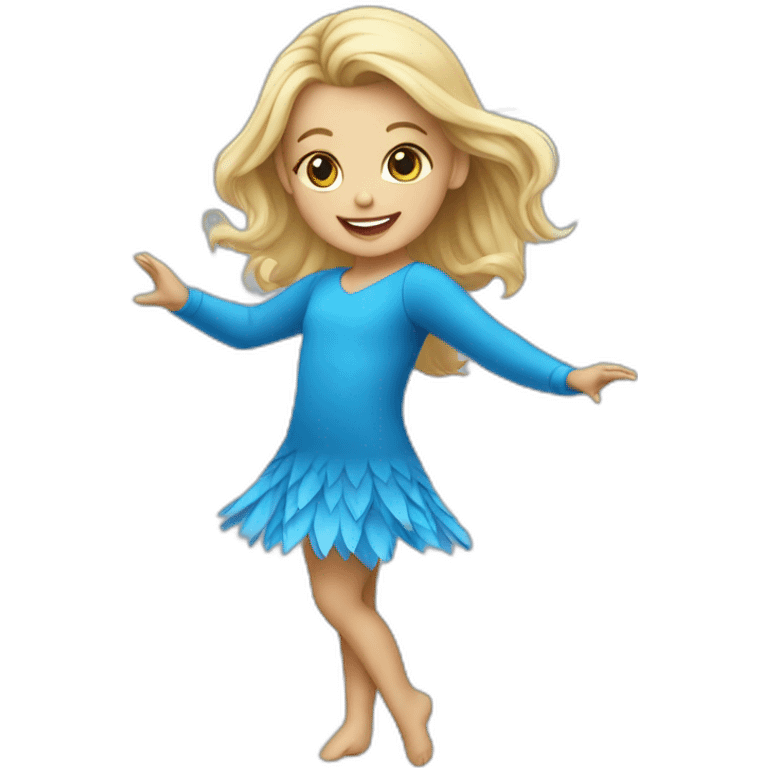 little blonde girl dancing in a blue bird costume emoji