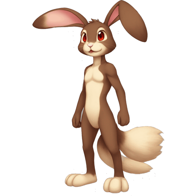 Anthro, Sona, Dark-Brown, Normal-type-Ground-type Tan-Rabbit-Fakémon with Dark-Red eyes, beige ears, beige belly, beige paws, beige feet, beige freckles, full body emoji