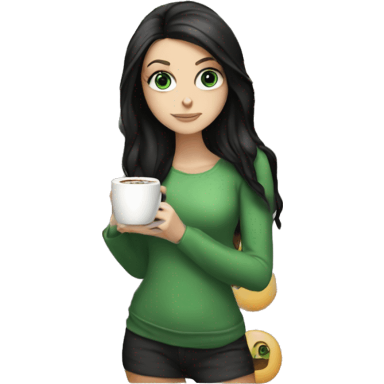 white girl with black long hair and green eyes and a hot chocolate emoji