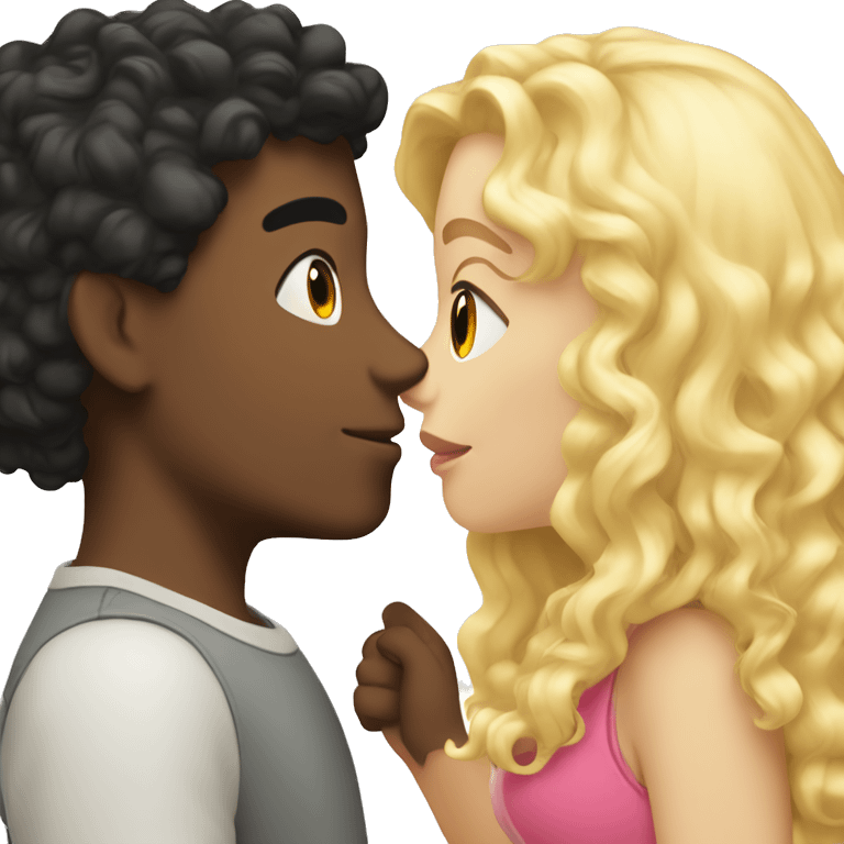 Boy curly black hair kisses a blonde girl with straight hair  emoji