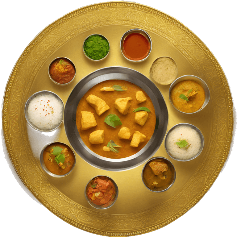 Indian meal in gold tali, top angle view emoji