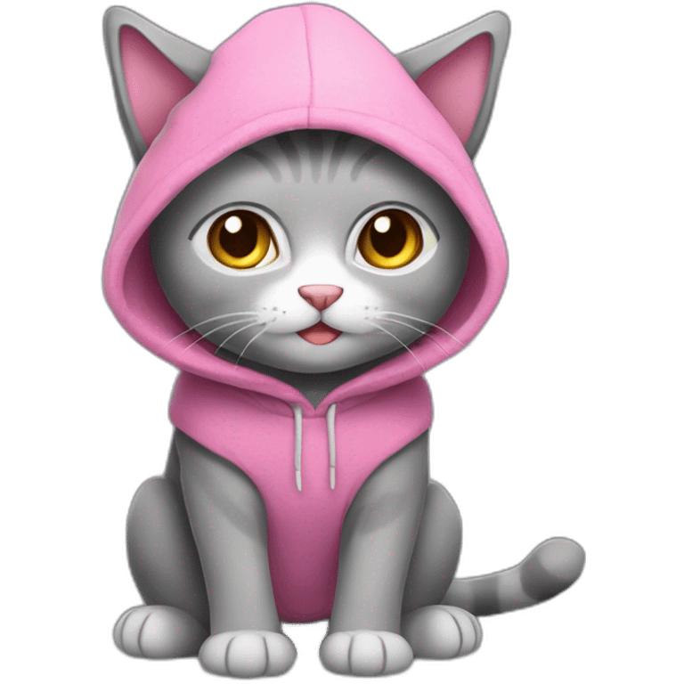 A gray plush cat. This cat is wearing a sleeveless sweater with a pink hood. He's sitting on his buttocks emoji