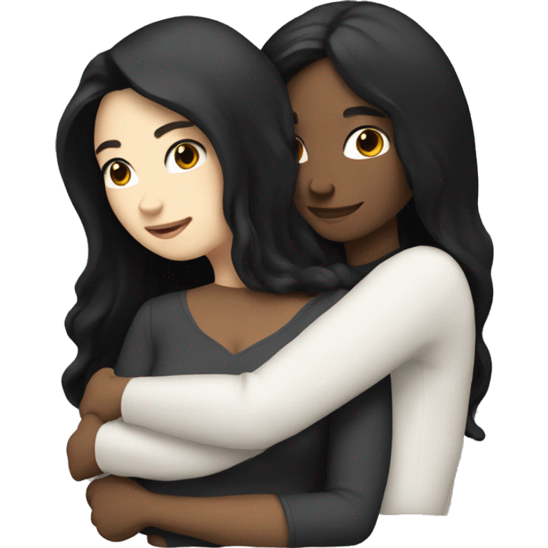 A lesbian couple with white skin and long black hair hugging intimately, and romantically. emoji