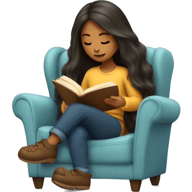 long hair girl reading a book in cozy chair  emoji