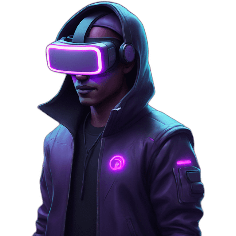 Cyberpunk style. Violet neon. man with white skin in the black hoody with violet OMG VR logo on it wearing vr headset oculus quest 2 emoji