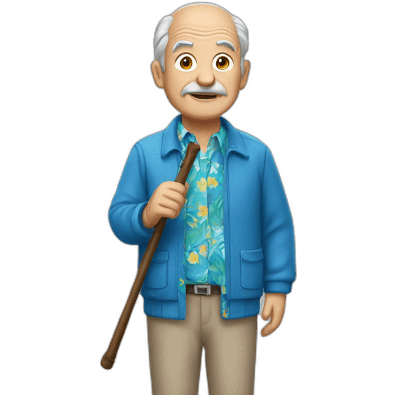 old man holding cane wearing blue Hawaiian shirt and jacket emoji