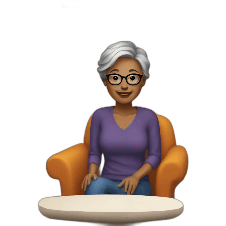 Woman with short gray hair and glasses sitting by fireplace  emoji