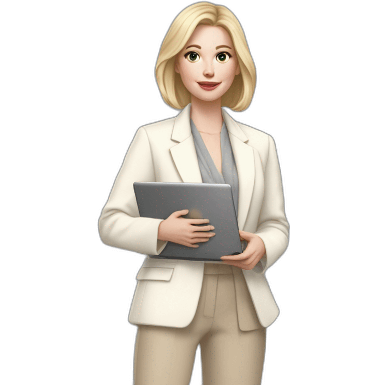 pale skin woman with ash blonde Straightened bob Hair, White Spacious classical jacket, beige palazzo Arrow pants and gray blouse holding a MacBook in the hands emoji