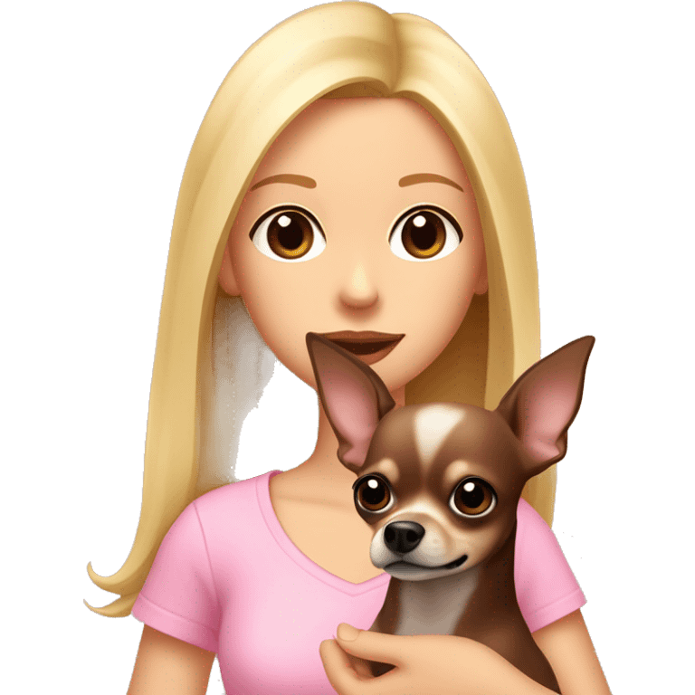 Waist-high angle A girl with straight blonde hair with pale pink lips and brown eyes in a pink T-shirt holds a dark brown chihuahua in her hands at her chest emoji