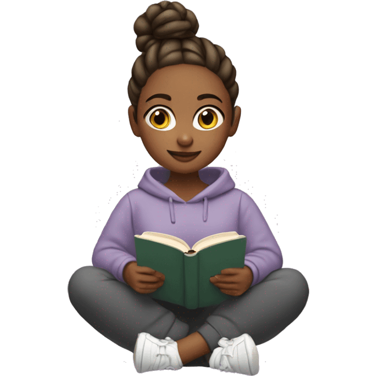 Girl with bun and in sweatshirt and sweatpants reading a book emoji