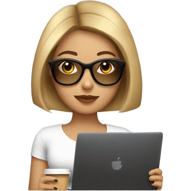 Brunette girl+bob Haircut+ Gold Glases+laptop+coffee emoji