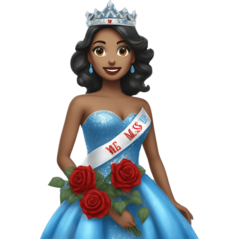 Beauty queen with dark hair, wearing a “Miss Massachusetts” sash and wearing a crown and blue sparkly dress holding red roses emoji