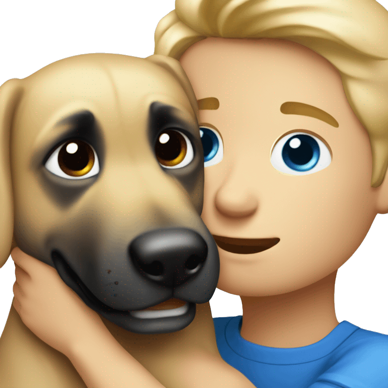 blond boy with blue eyes who hugs his Malinois tightly because he is afraid  emoji