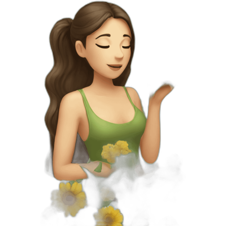 brunette girl smells flowers emoji