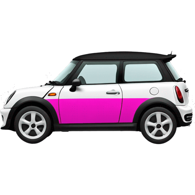 Black mini cooper, white roof, black drivers doors, with hot pink hood stripes emoji