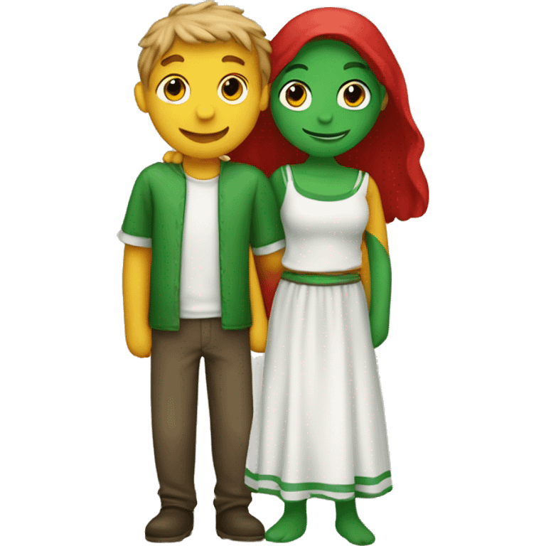 Crete an emoji a couple (one green boy, one red girl) hugging each other emoji