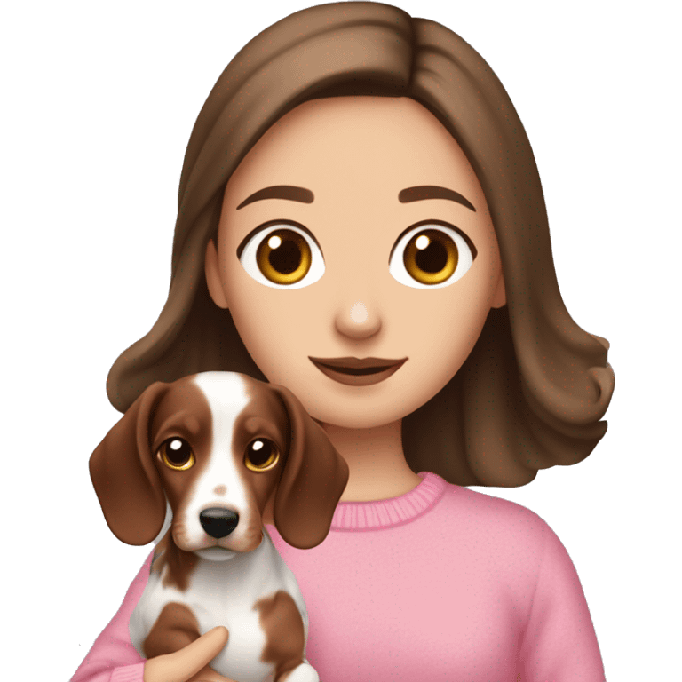 brown haired white girl with pink pullover holding a brown merle dachshund emoji