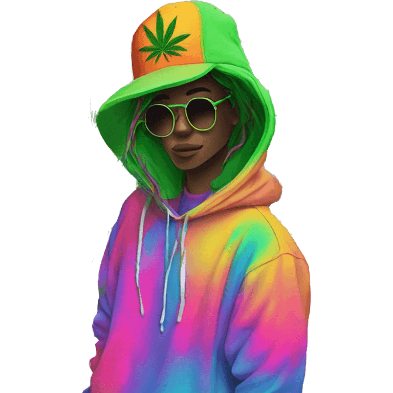 Hemp leaves Multicoloured neon person smoking wearing hoodie dancing hip hop bucket hat tropical Skater fashion aesthetic baggy clothes graphic t shirt 420 emoji