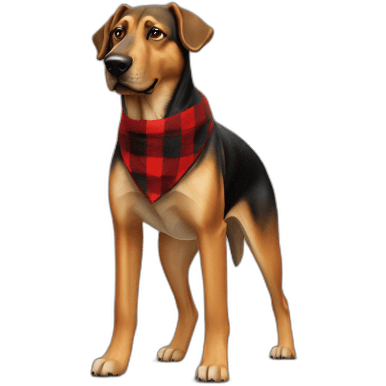 adult 75% Coonhound 25% German Shepherd mix dog with visible tail wearing small pointed red buffalo plaid bandana full body walking left quickly emoji