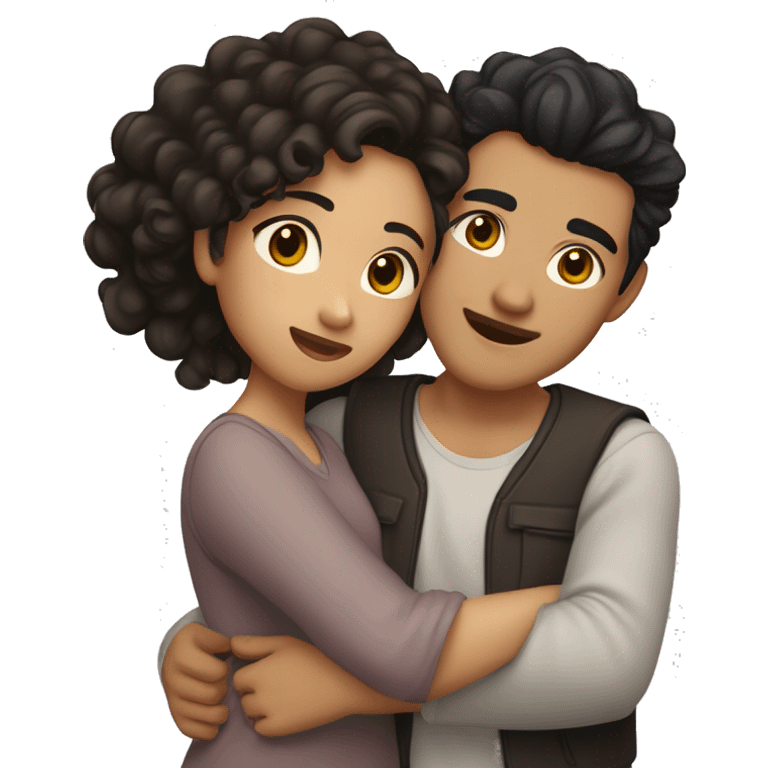 A half Asian man with dark hair and amber eyes embracing a half Asian woman with dark wavy curly hair and dark hazel eyes. They are in love emoji