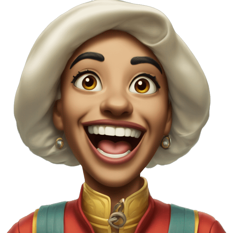 Laughing Jasmine race driver in Uncle Scrooge style, oil paint, mysterious eyes, intricate lips, masterpiece pose, odd perspective, beautiful, desirable, logical emoji