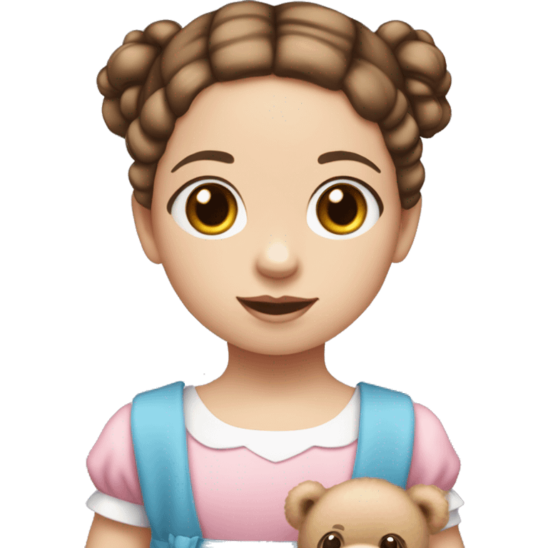 Little Girl with White skin, blue eyes. brown hair with two braids and pink two bows in it. She is wearing a pink and White dress, standing and holding on to a teddybear. emoji