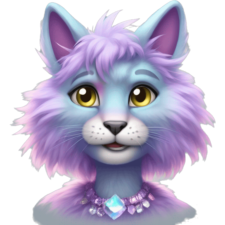 Furry, sparkle, iridescent, colorful, pastel, edgy, cool, fantasy beautiful, divine, animal, anthro, full body, fursona, feline emoji