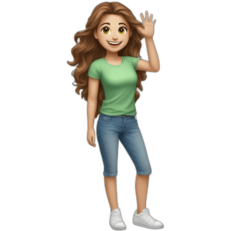 beautiful girl, white, with long wavy brown hair, brown green brown eyes, smiles at the camera and waves her hand, standing, good teeth, white tshirt, blue jeans, sneakers, realistic drawing emoji