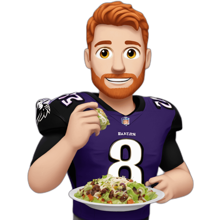 a beardless red haired young man in a ravens jersey eating a chipotle burrito bowl emoji