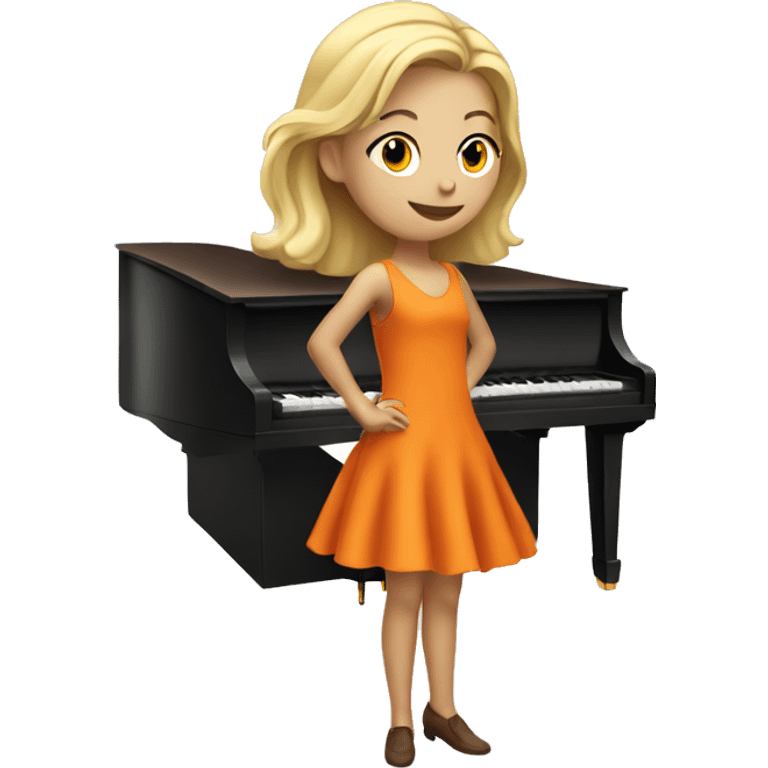 Blonde girl wearing an orange dress playing a brown upright piano emoji