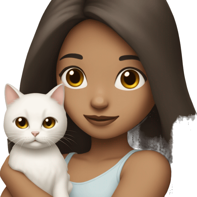 Dark brown straight hair girl holding fluffy white cat  emoji