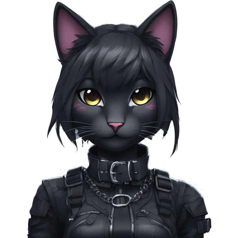 Gorgeous edgy epic futuristic punk gothic dark techwear anime style anthro cat with blushing face aesthetic and pretty edgy black with collar and harness trending style emoji