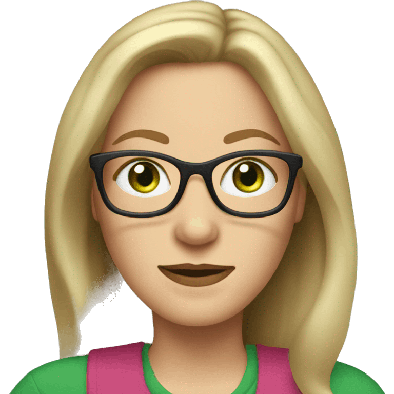 Middle aged white woman long  dark blonde hair green eyes with glasses  emoji