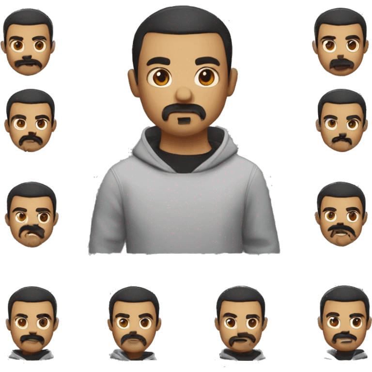 emotes for twich, with different expressions where the character is a gamer guy with short black shaved hair and a shaved goatee and mustache, black eyes and a sweatshirt. emoji