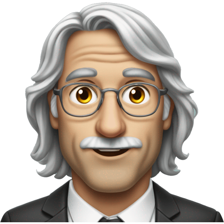 Insane man with long luscious gray hair with airpods steve job lookalike crybaby emoji