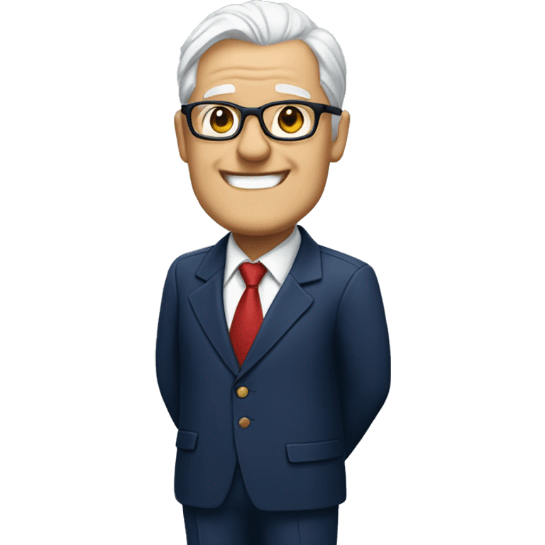 A heavy man, white hair, with glasses, no beard, smiling with teeth, and wearing a navy blue suit and red tie emoji