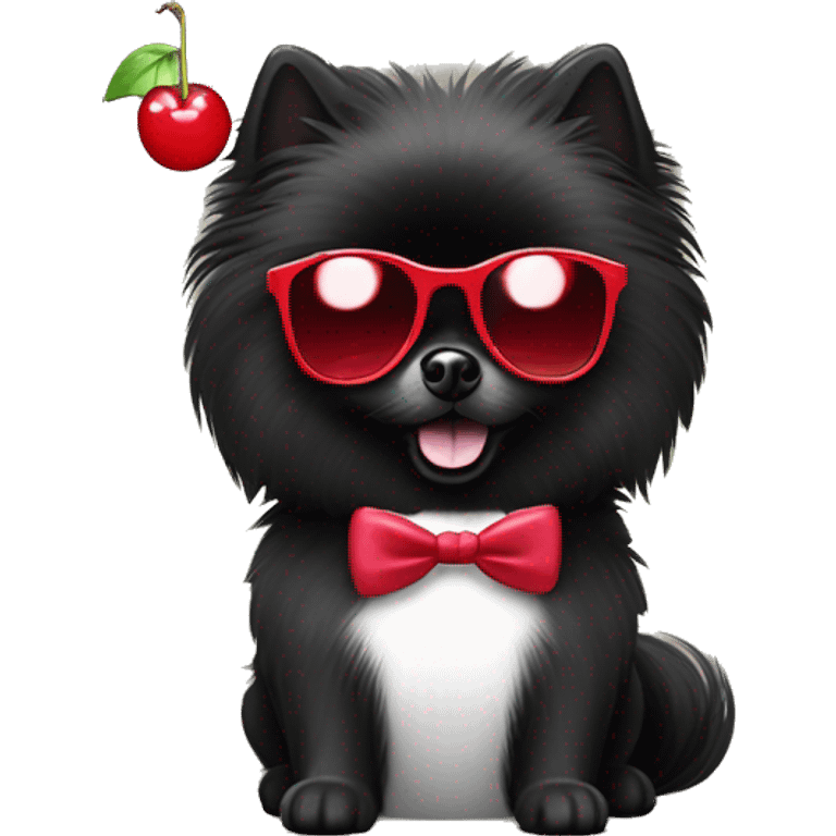 Black Pomeranian with a white chest wearing prada sunglasses and holding a martini glass with a maraschino cherry in the martini emoji