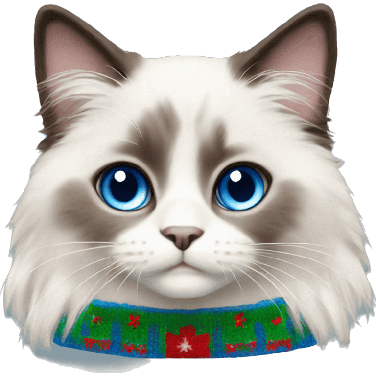 Ragdoll with blue eyes wearing a christmas sweater emoji