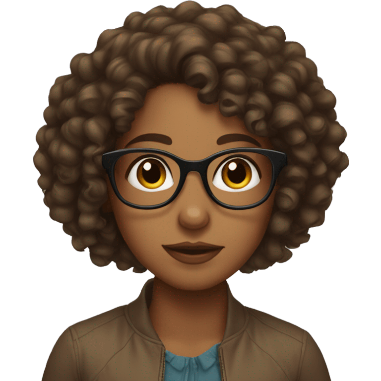 A brown girl with curly hair, brown eyes an glasses emoji