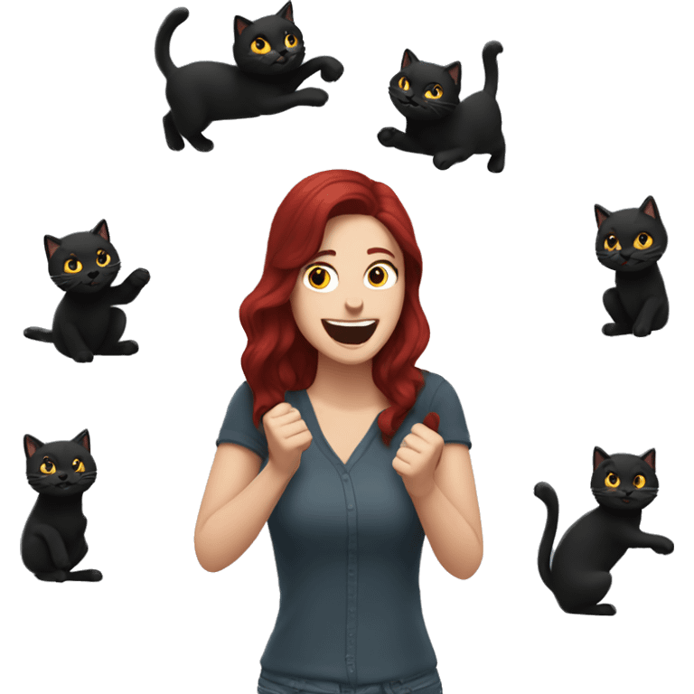 Woman with dark red hair holding black cat and both are cheering emoji