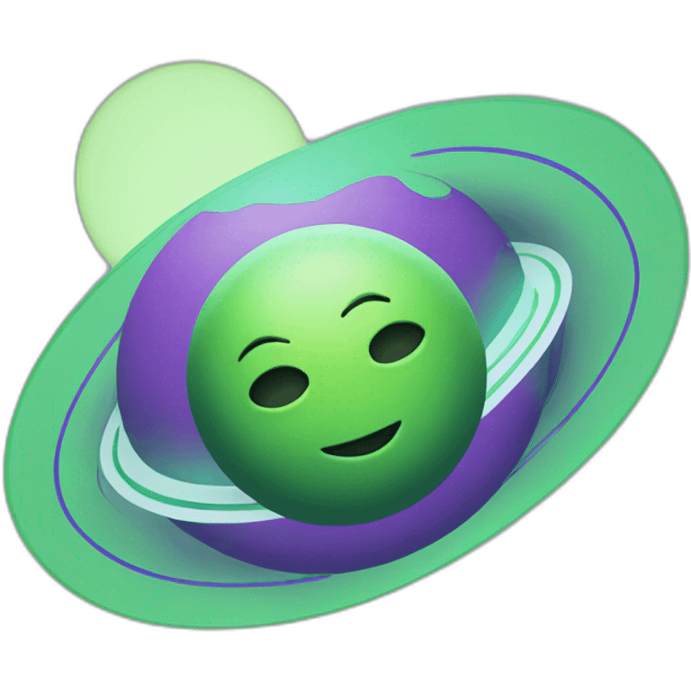 green planet with purple saturn rings and white moon emoji